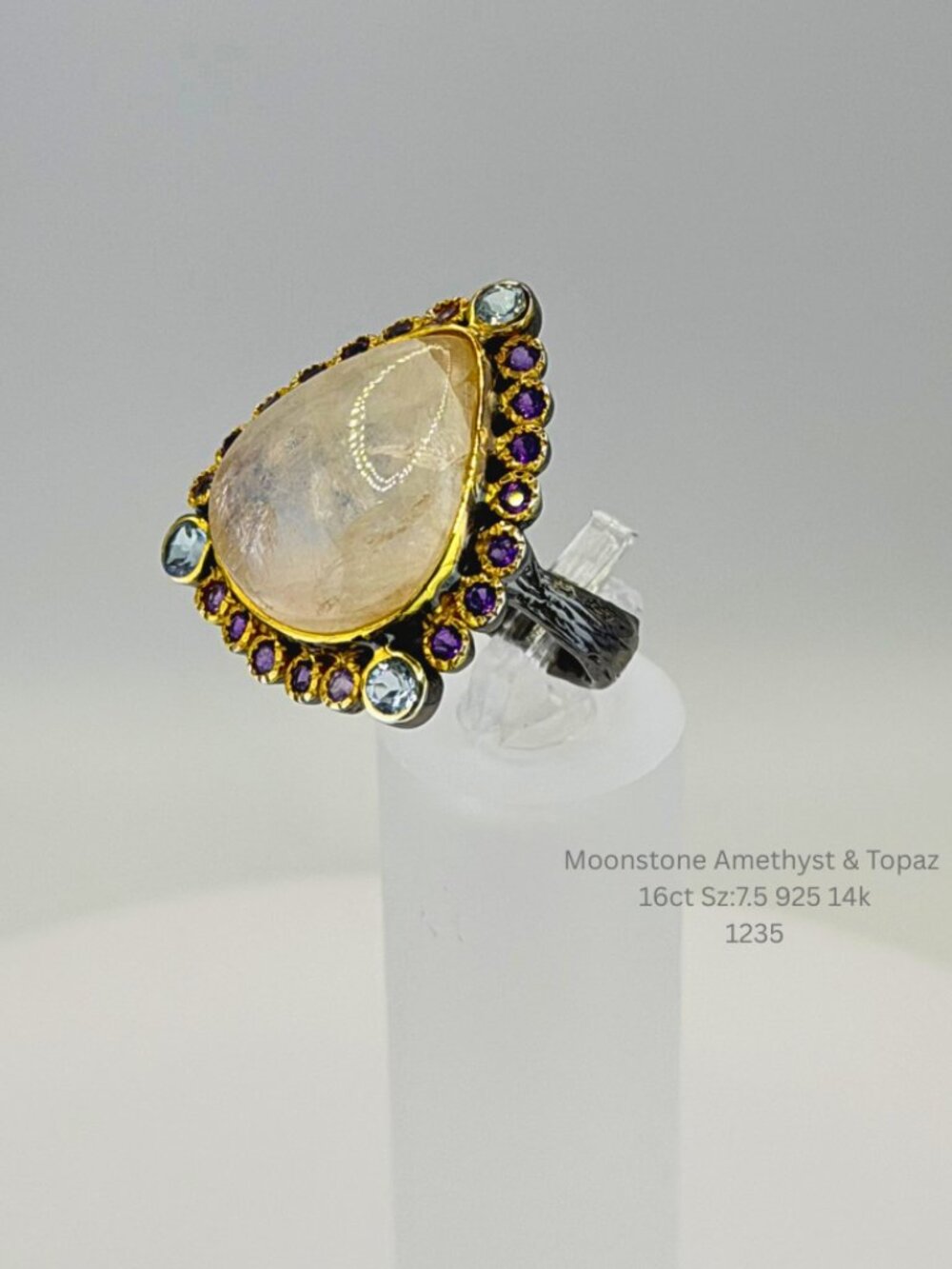 Natural 16ct Moonstone Amethyst Blue Topaz Ring 925 Sterling Silver Gold Accents